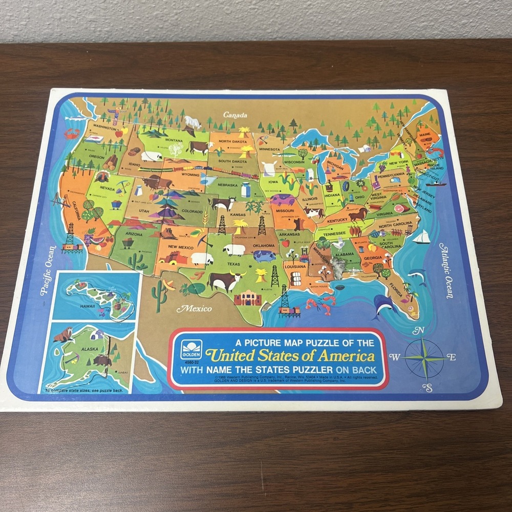 1968 Whitman Picture Map Children's Puzzle Of The United States‎ of America Used